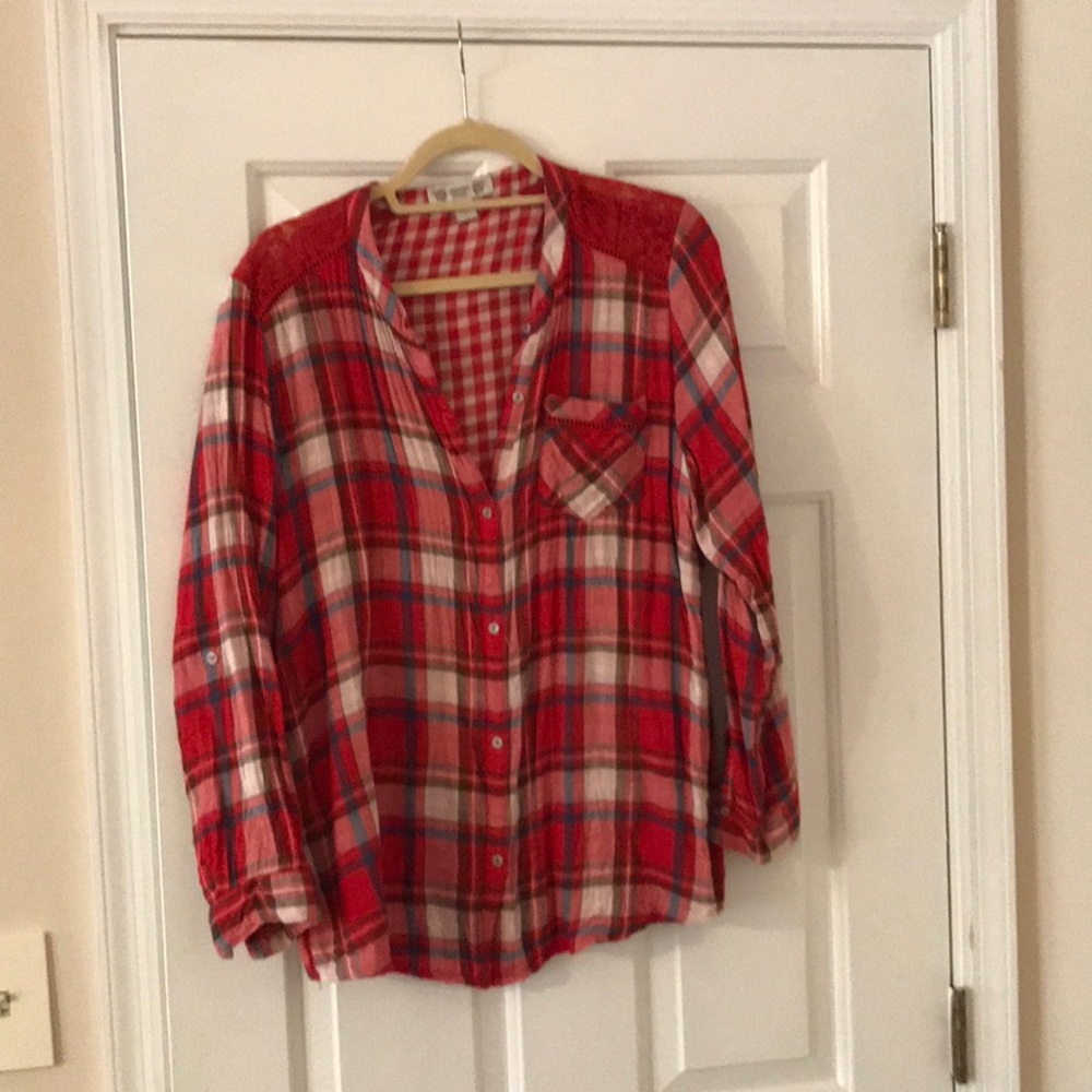 Cotton plaid shirt with lace detail